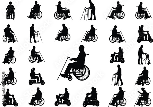 Collection of Silhouettes Featuring Mobility Aids: Wheelchairs, Scooters, and Walkers
