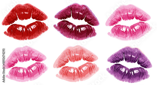Colorful lipstick stains collection in bright watercolor style for fashion and beauty design
