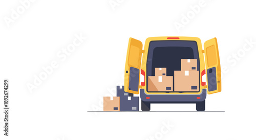 Delivery van with boxes unloading on white background