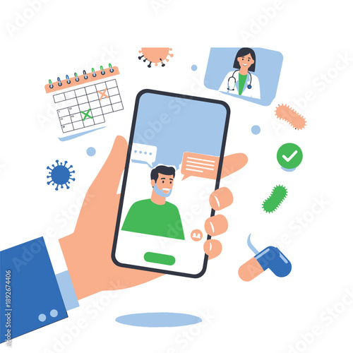 Telemedicine Consultation on Smartphone with Patient and Doctor, Surrounded by Medical Scheduling and Health Icons