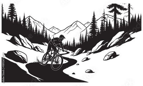 Mountain biker rides through a rocky, wooded landscape with mountains