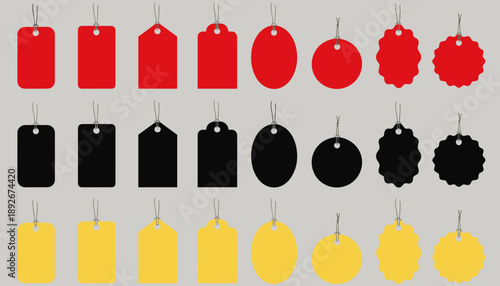 Colorful hanging price tags set with red, black, and yellow variations on gray background
