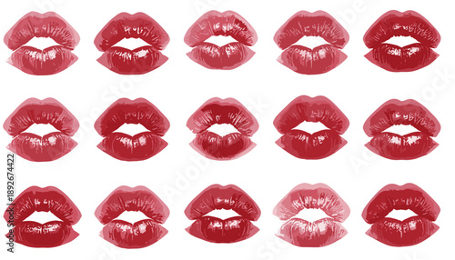 Red lipstick kiss print pattern on white background for fashion design and beauty themes