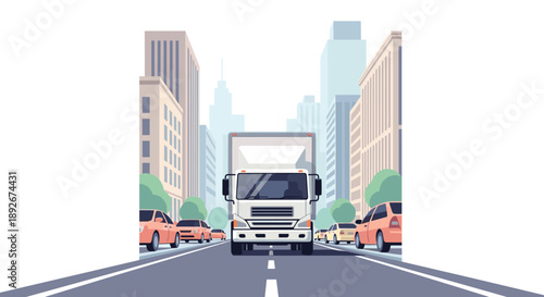 Urban traffic scene with delivery truck in modern cityscape