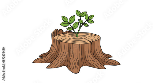 New Green Shoot Growing from Old Tree Stump in Soil for Nature Renewal and Hope Concept