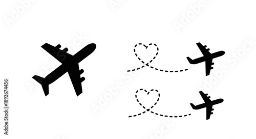 Silhouette airplanes with heart-shaped flight paths on white background