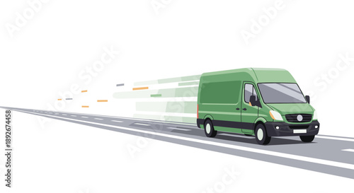 Green delivery van traveling at high speed on highway with motion blur effect