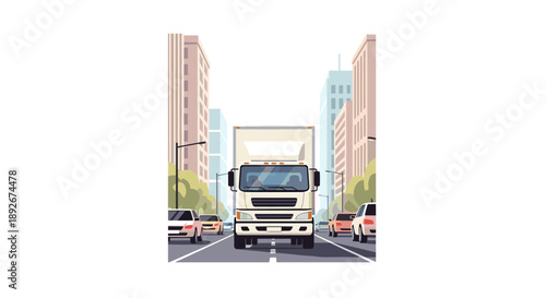 City traffic scene with delivery truck on busy urban street