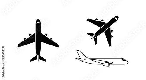 Airplane silhouette icons set of three minimalist jet designs on white background