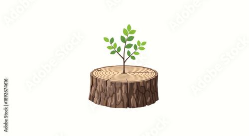 Cross Section of Tree Stump with Young Green Sprout Growing for Life Cycle Concept