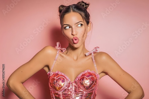 Glamorous Valentine's Day look of someone making a silly face with a strong expression