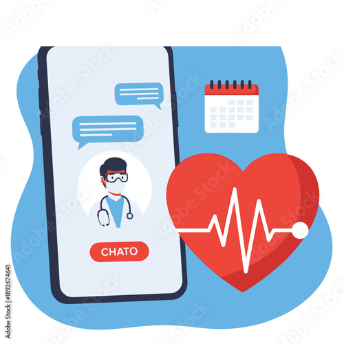 Mobile Phone Displaying Online Doctor Consultation App with Chat Bubbles, Heart Monitor, and Appointment Calendar Icon