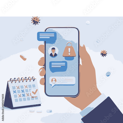 Hand Holding a Smartphone Displaying a Medical Chat Application with Appointment Reminders, Pills, and Virus Symbols