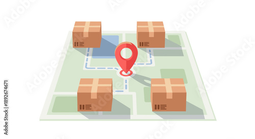 Package delivery route with location pin on map in 3d isometric style