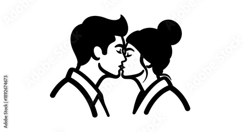 Romantic couple kissing silhouette in minimalist black and white design