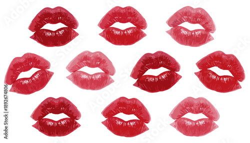 Colorful lip print pattern with various shades of red on white background