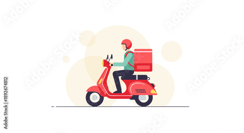 Flat design delivery rider on scooter with red helmet and box