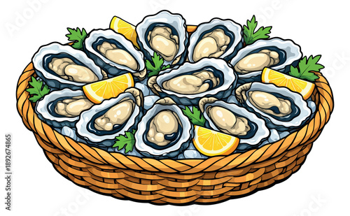 Hand drawn cartoon illustration of oysters in a basket depicting oysters served on ice with lemon and parsley for a seafood restaurant menu