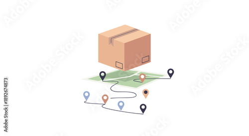 Online delivery route concept with package and map pointers
