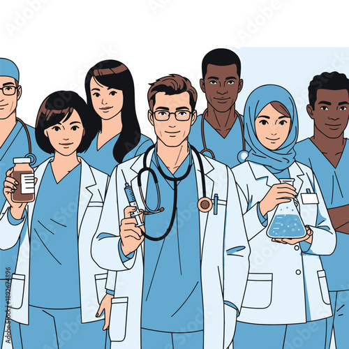 Diverse Team of Smiling Medical Professionals, Doctors and Nurses, Wearing Scrubs and Lab Coats, Holding Medical Tools for Healthcare Concept