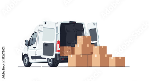 Delivery van unloading cardboard boxes in a minimalist style