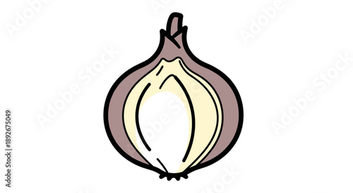 Simple outline of halved onion with purple skin on white background