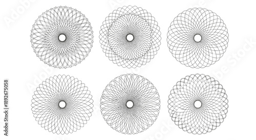 Intricate circular spiral designs in monochrome geometric patterns