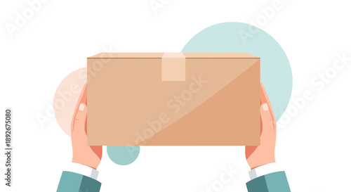 Flat style delivery box held by hands against abstract background