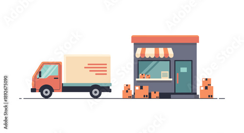 Delivery truck and shopfront with packages in flat style design