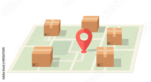 Delivery route with boxes and pin on map for logistics concept