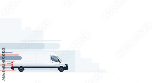White delivery van in motion with geometric background design