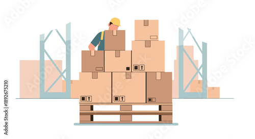 Worker organizing cardboard boxes on warehouse pallet with industrial background
