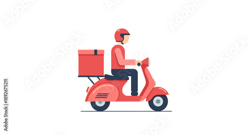 Flat design scooter delivery person in red uniform with box