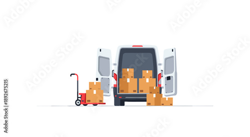 Delivery van with open doors and cardboard boxes on hand truck for efficient transportation