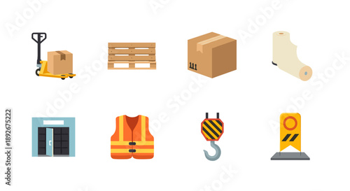 Warehouse equipment icons set featuring pallet, box, and safety gear