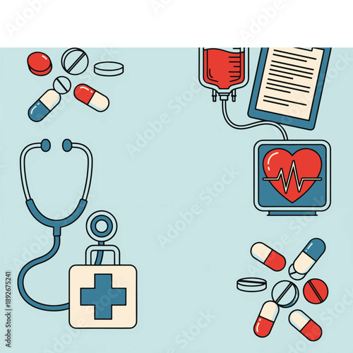 Medical Healthcare Concept Illustration Featuring Essential Tools Like Stethoscope, First Aid Kit, Blood Bag, and Various Medicines