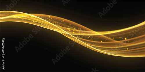 Abstract golden and light background design featuring flowing blue waves and fractal lines that create a motion effect with a high-tech texture and energy concept illustration