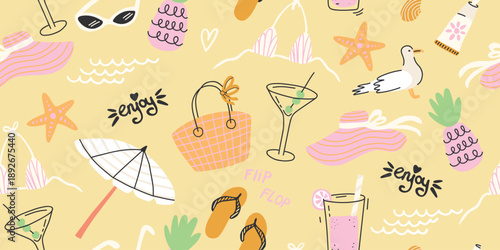 Summer beach vacation seamless pattern, hand drawn doodle travel background, sunny lifestyle tropical print with cocktails and pineapples