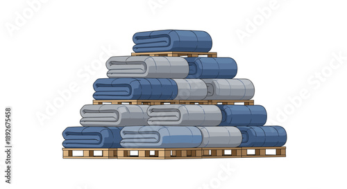 Stack of Blue and Gray Folded Blankets on Wooden Pallets in Warehouse Storage Illustration.
