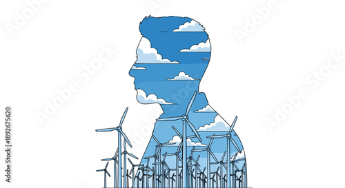 Silhouette of a Man with Wind Turbines and Blue Cloudy Sky Renewable Energy Concept.