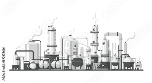 Large Industrial Chemical Plant with Towers Pipes and Smoke Stacks Monochrome Illustration.