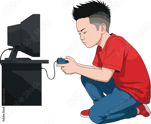 Young boy playing video games with controller on console screen at home entertainment gaming concept illustration.