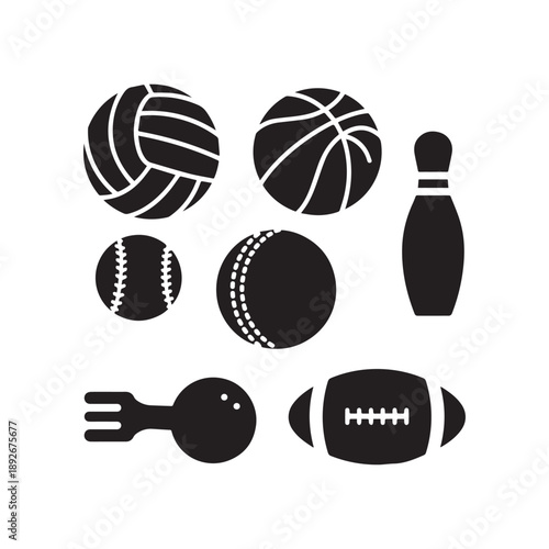 Sports Equipment Silhouettes Set Featuring Balls Wickets Bowling Pin Stumps and Protective.