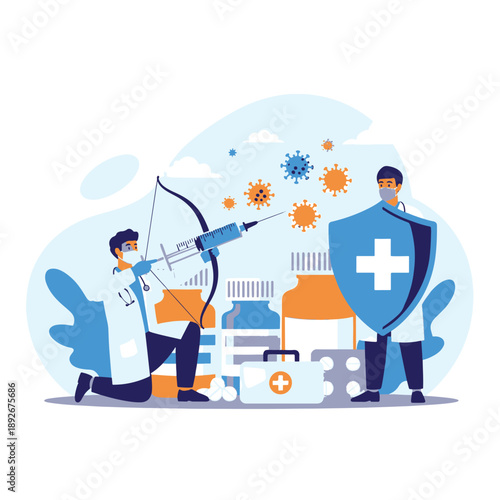 Healthcare Workers Combat Virus Pandemic with Syringe Bow and Medical Shield, Promoting Vaccine Defense and Patient Immunity