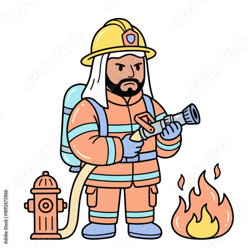 Firefighter in Action with Equipment Ready.