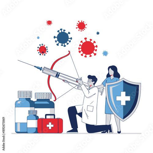 Healthcare Team Combats Virus Doctor Aims Syringe bow at Pathogens Nurse Defends with Shield Medical Supplies