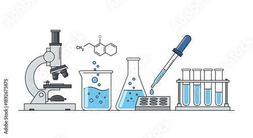 Chemistry Lab Equipment with Microscope Beaker Flask and Pipette for Scientific Research.