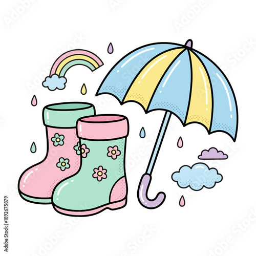 Colorful Rain Boots and Umbrella Illustration.