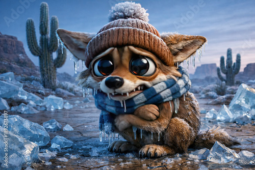 Frozen Winter Coyote Character with Big Eyes in the Desert. Cold in Warm Places Conceot