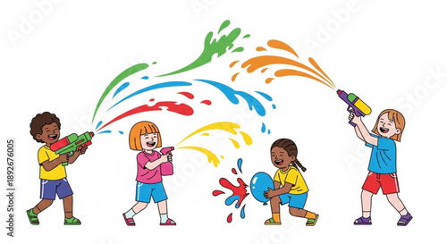 Diverse children playing with water guns splashing colorful water in a fun outdoor activity vector illustration for summer holidays and childhood concepts